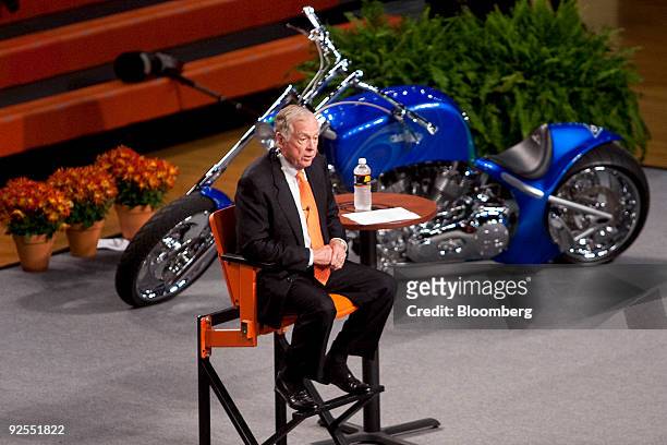 Billionaire hedge-fund manager T. Boone Pickens speaks in front of a compressed natural gas powered motorocycle during a town hall meeting at...