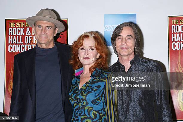 James Taylor, Bonnie Raitt and Jackson Browne attend the 25th Anniversary Rock & Roll Hall of Fame Concert at Madison Square Garden on October 29,...