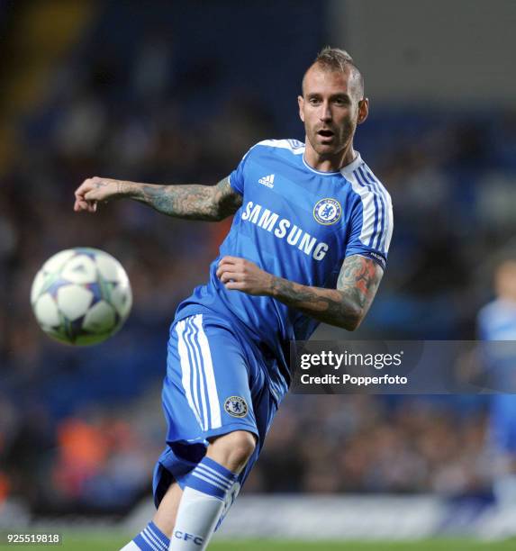 Raul Meireles of Chelsea in action during the UEFA Champions League Group E match between Chelsea and Bayer 04 Leverkusen at Stamford Bridge in...