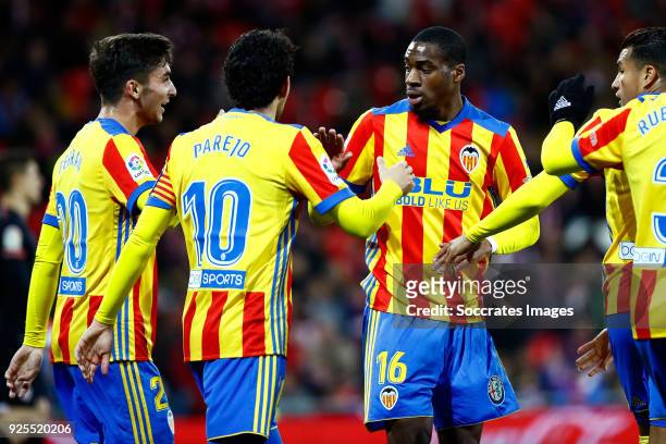 Geoffrey Kondogbia of Valencia CF celebrates 0-1 with Ferran of Valencia CF, Daniel Parejo of Valencia CF during the La Liga Santander match between...