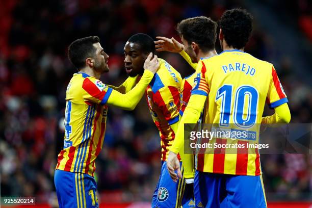 Geoffrey Kondogbia of Valencia CF celebrates 0-1 with Jose Gaya of Valencia CF, Daniel Parejo of Valencia CF during the La Liga Santander match...