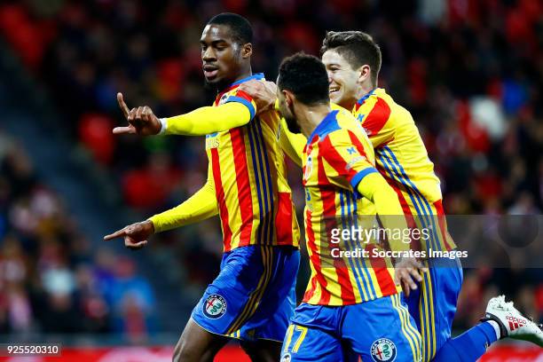 Geoffrey Kondogbia of Valencia CF celebrates 0-1 with Daniel Parejo of Valencia CF, Francis Coquelin of Valencia CF during the La Liga Santander...