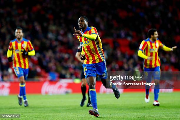 Geoffrey Kondogbia of Valencia CF celebrates 0-1 during the La Liga Santander match between Athletic de Bilbao v Valencia at the Estadio San Mames on...