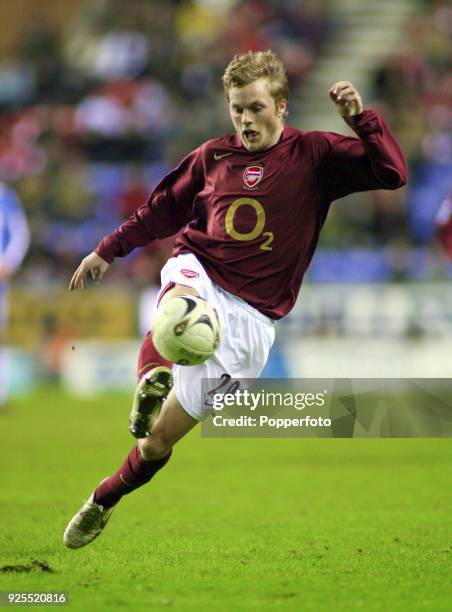 Sebastien Larsson of Arsenal in action during the Carling Cup Semi Final first leg match between Wigan Athletic and Arsenal at the JJB Stadium in...