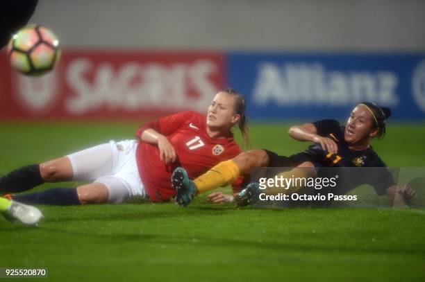 Kristine Minde of Norway competes for the ball with Lisa De Vanna of Australia during the Women's Algarve Cup Tournament match between Norway and...