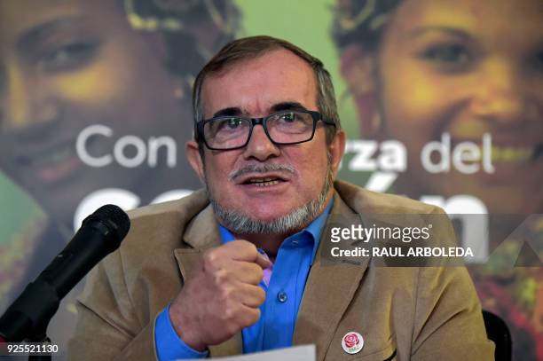 Rodrigo Londono Echeverri, known as "Timochenko", the presidential candidate for the Common Alternative Revolutionary Force party, speaks during a...