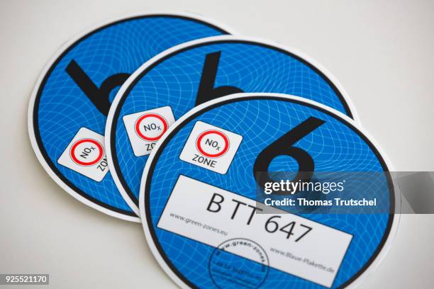 Berlin, Germany Blue plaques to regulate diesel driving bans are on a table on February 28, 2018 in Berlin, Germany.