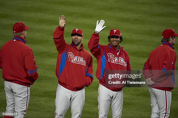 World Series: Philadelphia Phillies J.C. Romero and Pedro Martinez waving before Game 1 vs New York Yankees. Bronx, NY CREDIT: Al Tielemans