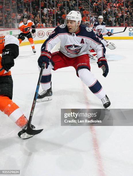 Jack Johnson of the Columbus Blue Jackets in action against the Philadelphia Flyers on February 22, 2018 at the Wells Fargo Center in Philadelphia,...