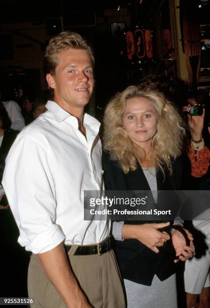 Stefan Edberg of Sweden and his girlfriend Annette Olsen pose together during the Players' Party at the Planet Hollywood restaurant in Melbourne,...