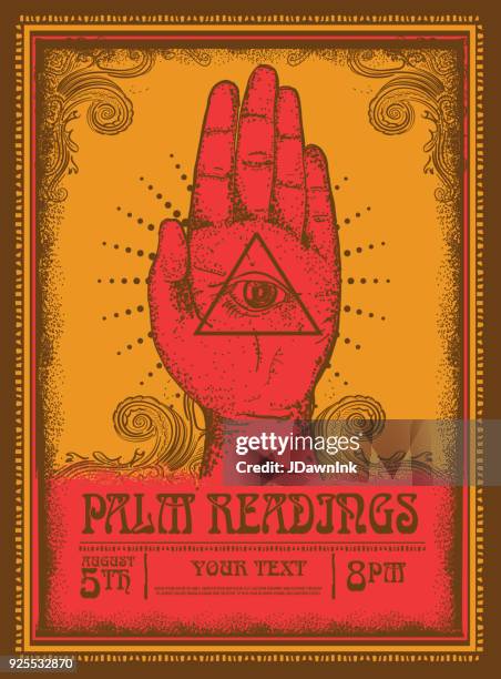 old fashioned palm readings poster design template - hand of fatima stock illustrations