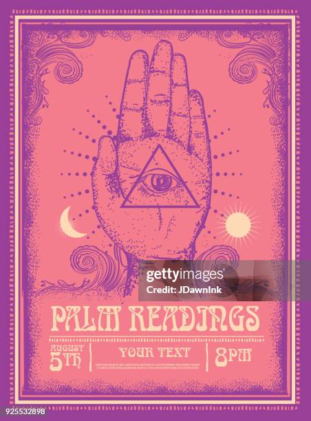 old fashioned palm readings poster design template - palmistry hand stock illustrations