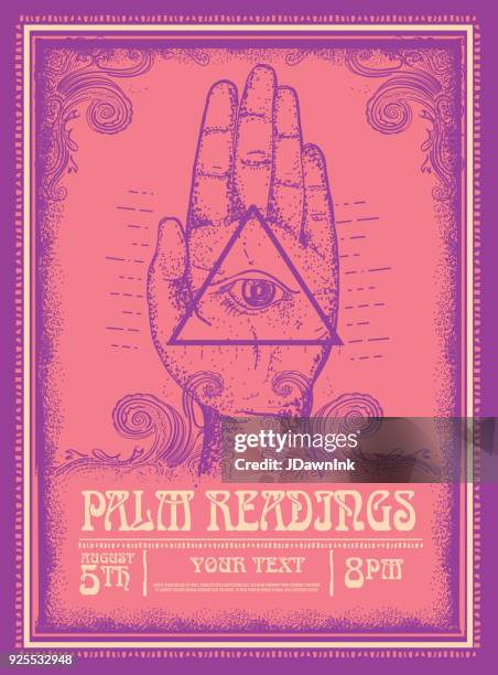 old fashioned palm readings poster design template - palmistry hand stock illustrations