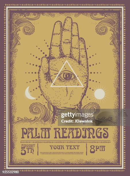 old fashioned palm readings poster design template - hamsa stock illustrations