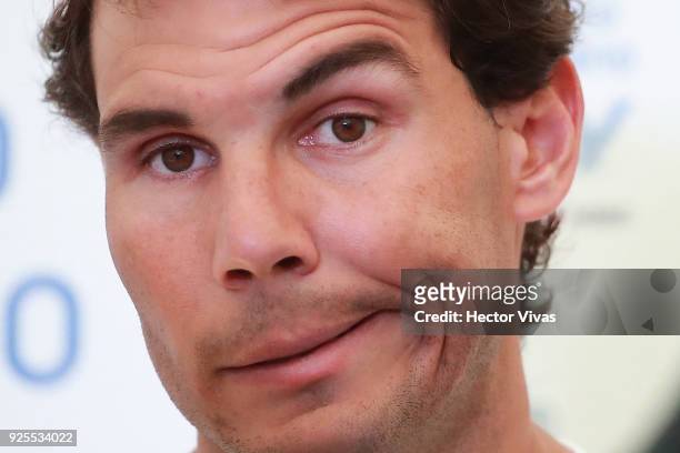 Rafael Nadal of Spain gestures during a press conference to announce his retirement from the Telcel Mexican Open 2018 at Mextenis Stadium on February...