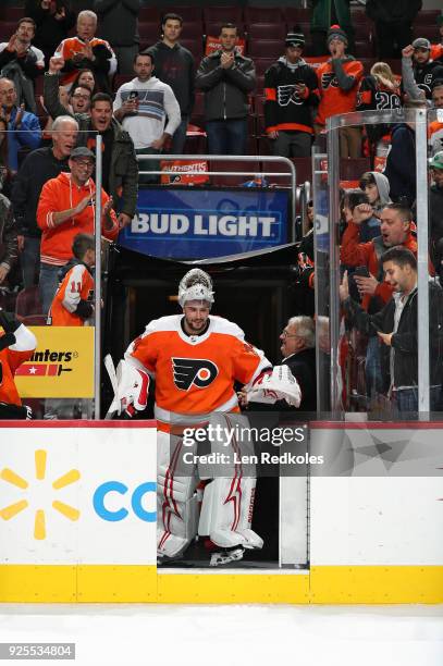 Petr Mrazek of the Philadelphia Flyers enters the ice surface after being named the second star of the game after defeating the Columbus Blue Jackets...