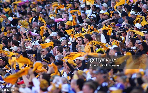 Fans of the Pittsburgh Steelers wave their yellow towels during the NFL game against the Minnesota Vikings at Heinz Field on October 25, 2009 in...