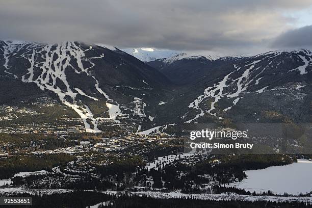 Winter Games Preview: Aerial scenic view of Olympic venues: Blackcomb Mountain , Whistler Sliding Center , and Whistler Mountain at Whistler...