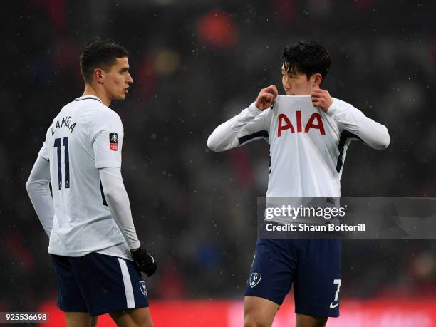 Heung-Min Son and Erik Lamela of Tottenham Hotspur show their disapointment after their penalty was disallowed by VAR during the Emirates FA Cup...