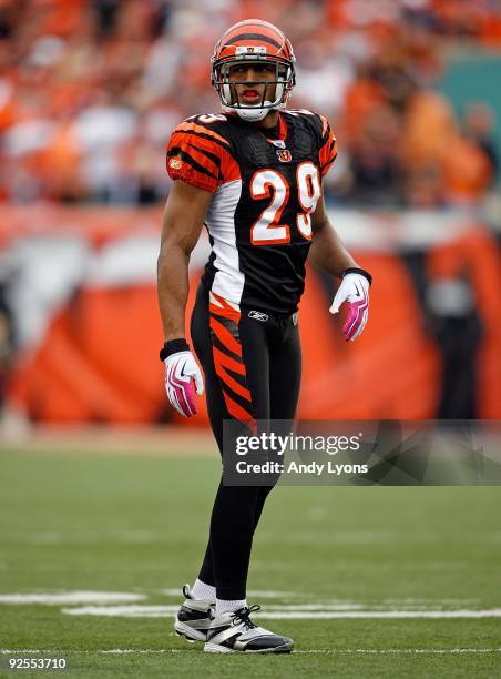 Leon Hall of the Cincinnati Bengals is pictured during the NFL game against the Chicago Bears at Paul Brown Stadium on October 25, 2009 in...