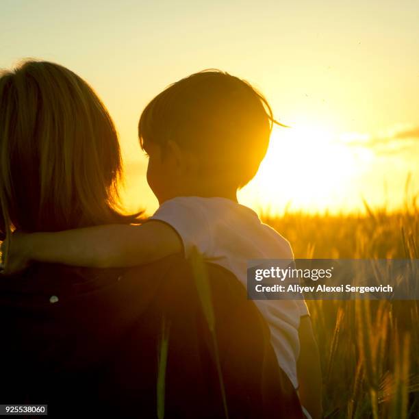 mother carrying son in field of wheat at sunset - anonymous silhouette stock pictures, royalty-free photos & images