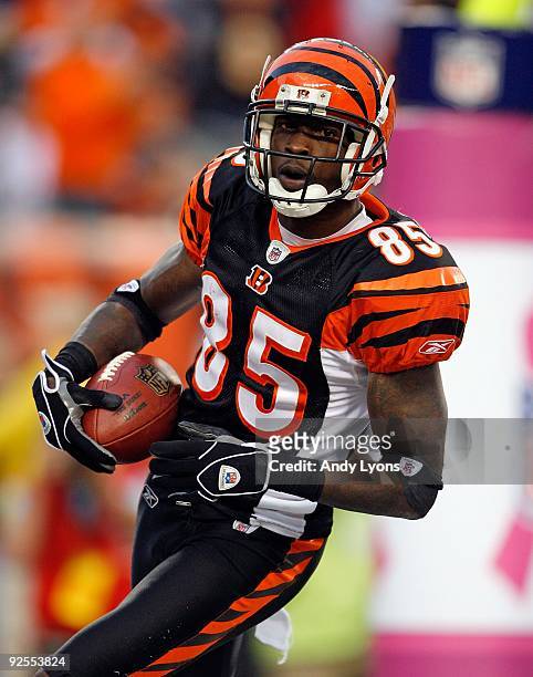 Chad Ochocinco of the Cincinnati Bengals scores a touchdown during the NFL game against the Chicago Bears at Paul Brown Stadium on October 25, 2009...