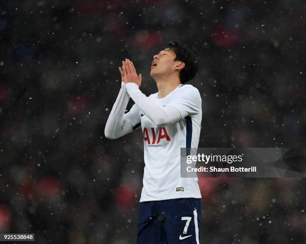 Heung-Min Son of Tottenham Hotspur shows his frustrations during the Emirates FA Cup Fifth Round Replay match between Tottenham Hotspur and Rochdale...