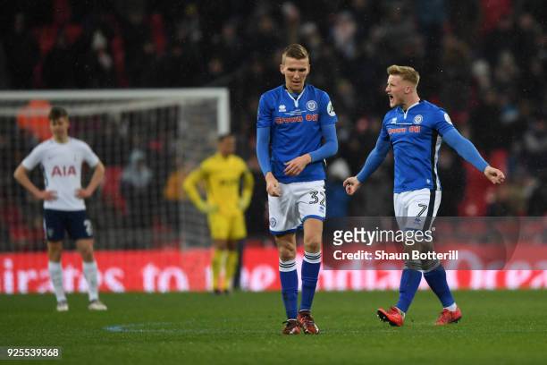 Stephen Humphrys of Rochdale celebrates scoring the equalising goal during the Emirates FA Cup Fifth Round Replay match between Tottenham Hotspur and...