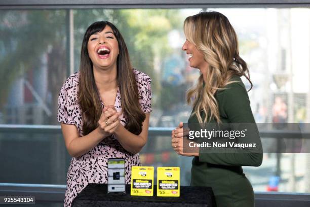 Hannah Simone and Renee Bargh visit "Extra" at Universal Studios Hollywood on February 28, 2018 in Universal City, California.