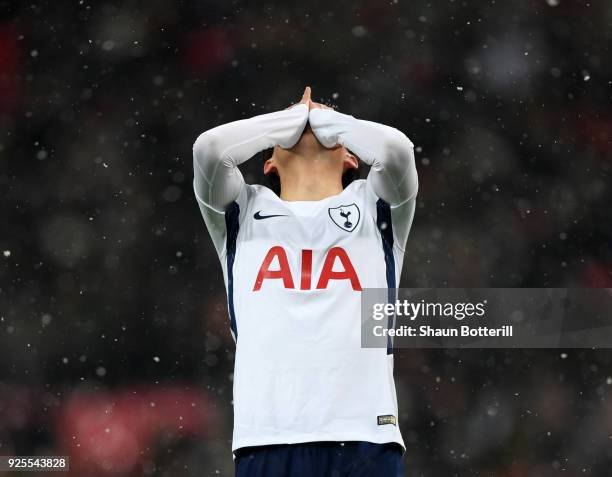Heung-Min Son of Tottenham Hotspur shows his frustrations during the Emirates FA Cup Fifth Round Replay match between Tottenham Hotspur and Rochdale...