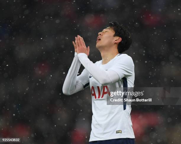 Heung-Min Son of Tottenham Hotspur shows his frustrations during the Emirates FA Cup Fifth Round Replay match between Tottenham Hotspur and Rochdale...