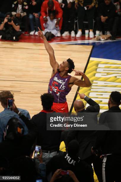 Donovan Mitchell of the Utah Jazz celebartes after dunking the ball during the Verizon Slam Dunk Contest during State Farm All-Star Saturday Night as...