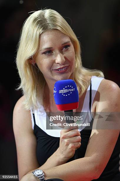 Barbara Schett of Austria and Eurosport TV during the Sony Ericsson Championships at the Khalifa Tennis and Squash Complex on October 30, 2009 in...