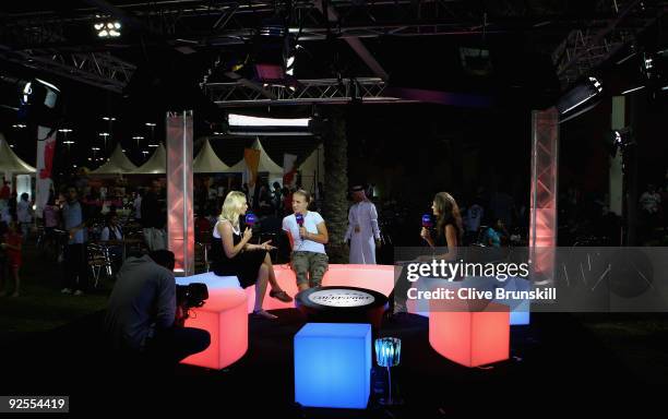 Annabel Croft of Great Britain and Barbara Schett of Austria interview Svetlana Kuznetsova of Russia on air for Eurosport TV during the Sony Ericsson...