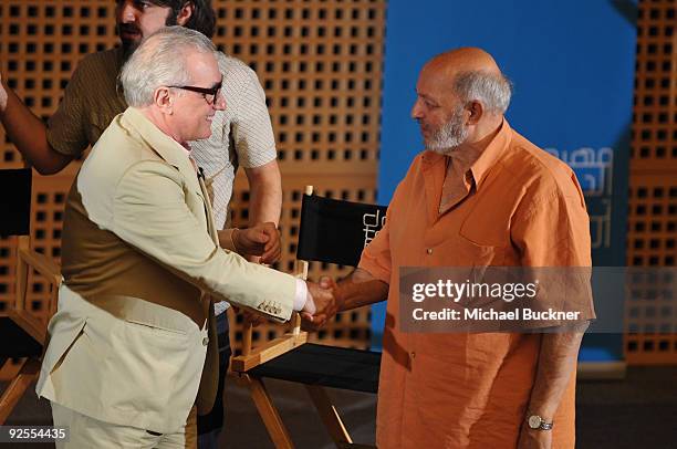 Filmmakers Martin Scorsese and Mohamed Khan onstage at 'One Minute With Scorsese' at the Museum of Islamic Art during the 2009 Doha Tribeca Film...