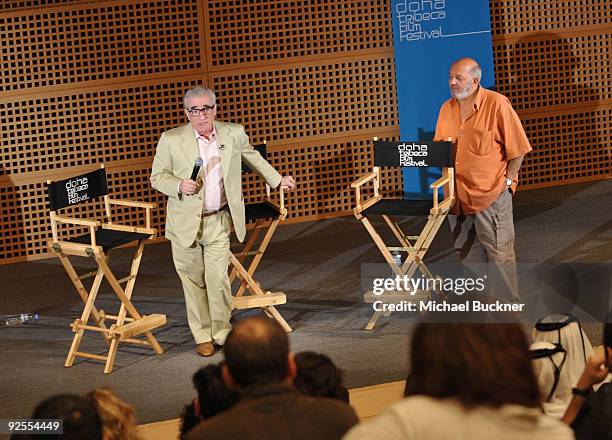 Filmmakers Martin Scorsese and Mohamed Khan onstage at 'One Minute With Scorsese' at the Museum of Islamic Art during the 2009 Doha Tribeca Film...