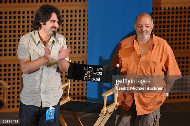Scandar Copti and filmmaker Mohamed Khan onstage at 'One Minute With Scorsese' at the Museum of Islamic Art during the 2009 Doha Tribeca Film...