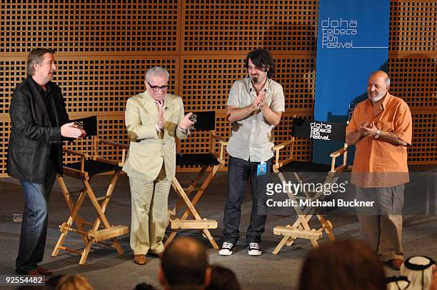 Of Tribeca Enterprises Geoff Gilmore, filmmakers Martin Scorsese, Scandar Copti and filmmaker Mohamed Khan onstage at 'One Minute With Scorsese' at...