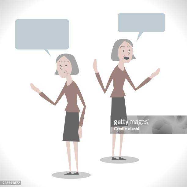gray characters, senior (mid adult) woman talking with two posture - asking mom stock illustrations