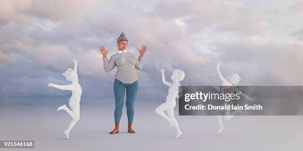 woman watching dancing virtual children - girl panoramic stock pictures, royalty-free photos & images