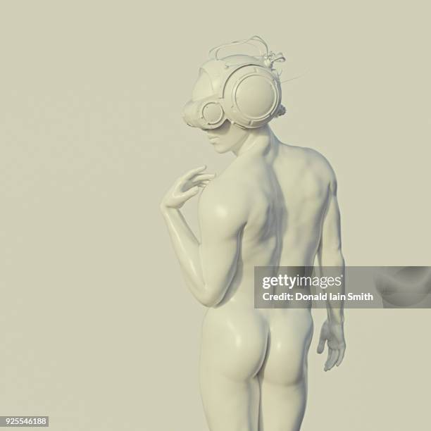 white muscular man wearing virtual reality goggles looking back - male likeness stock pictures, royalty-free photos & images