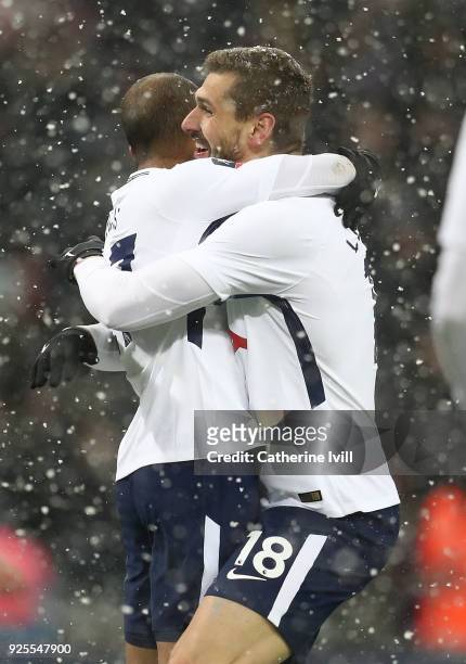 Fernando Llorente of Tottenham celebrates with team mate Lucas Moura after scoring his team's third goal of the game during The Emirates FA Cup Fifth...
