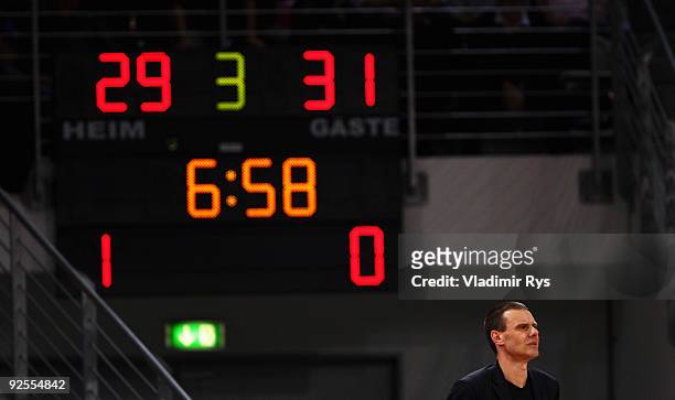 Head coach Michael Koch of Baskets looks on during the Beko Basketball Bundesliga game between Telekom Baskets and Alba Berlin at Telekom Dome on...