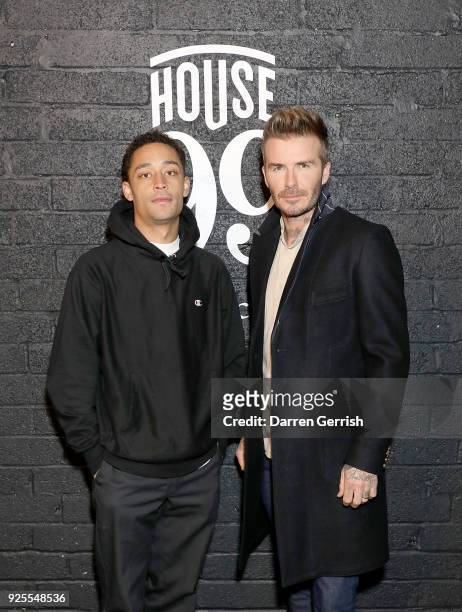 Loyle Carner and David Beckham attend the HOUSE 99 by David Beckham Global Launch Party at Electrowerkz on February 28, 2018 in London, England.