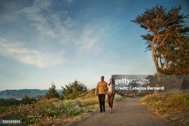 couple walking on path in park - african american couple walking park ストックフォトと画像