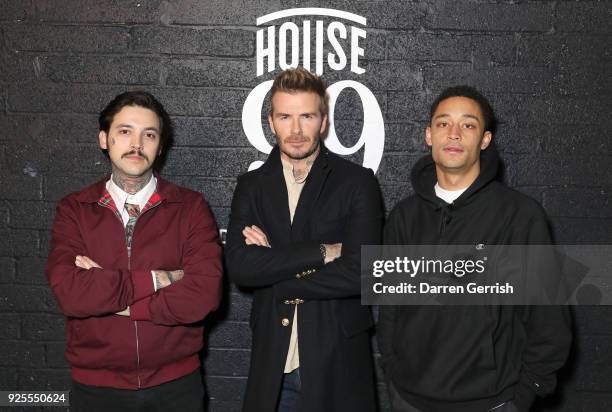 Fabio Marques, David Beckham and Loyle Carner attend the HOUSE 99 by David Beckham Global Launch Party at Electrowerkz on February 28, 2018 in...