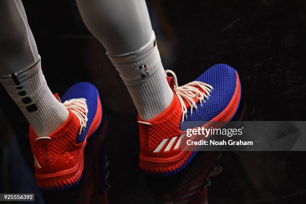 The sneakers of Donovan Mitchell of the USA Team before the Mtn Dew Kickstart Rising Stars Game during All-Star Friday Night as part of 2018 NBA...