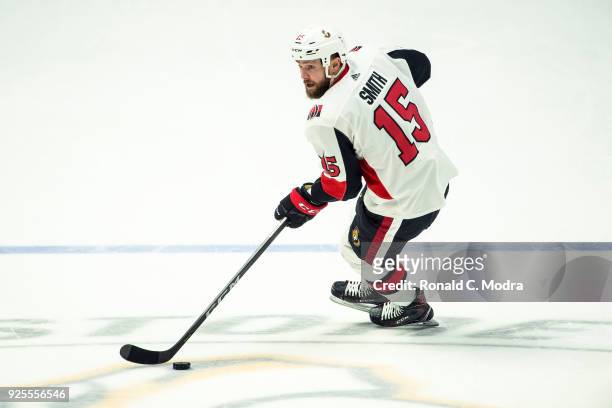 Zack Smith of the Ottawa Senators skates against the Nashville Senators during an NHL game at Bridgestone Arena on February 19, 2018 in Nashville,...