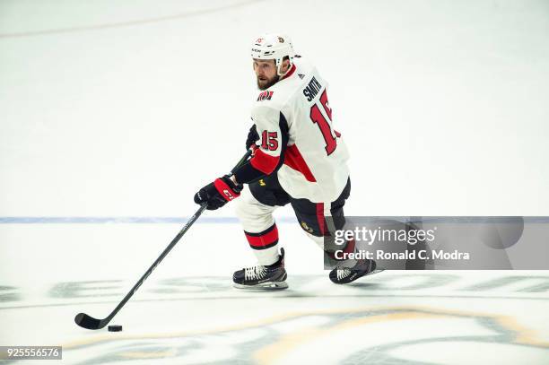 Zack Smith of the Ottawa Senators skates against the Nashville Senators during an NHL game at Bridgestone Arena on February 19, 2018 in Nashville,...