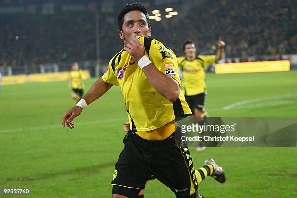 Lucas Barrios of Dortmund celebrates the second goal during the Bundesliga match between Borussia Dortmund and Hertha BSC Berlin at the Signal Iduna...